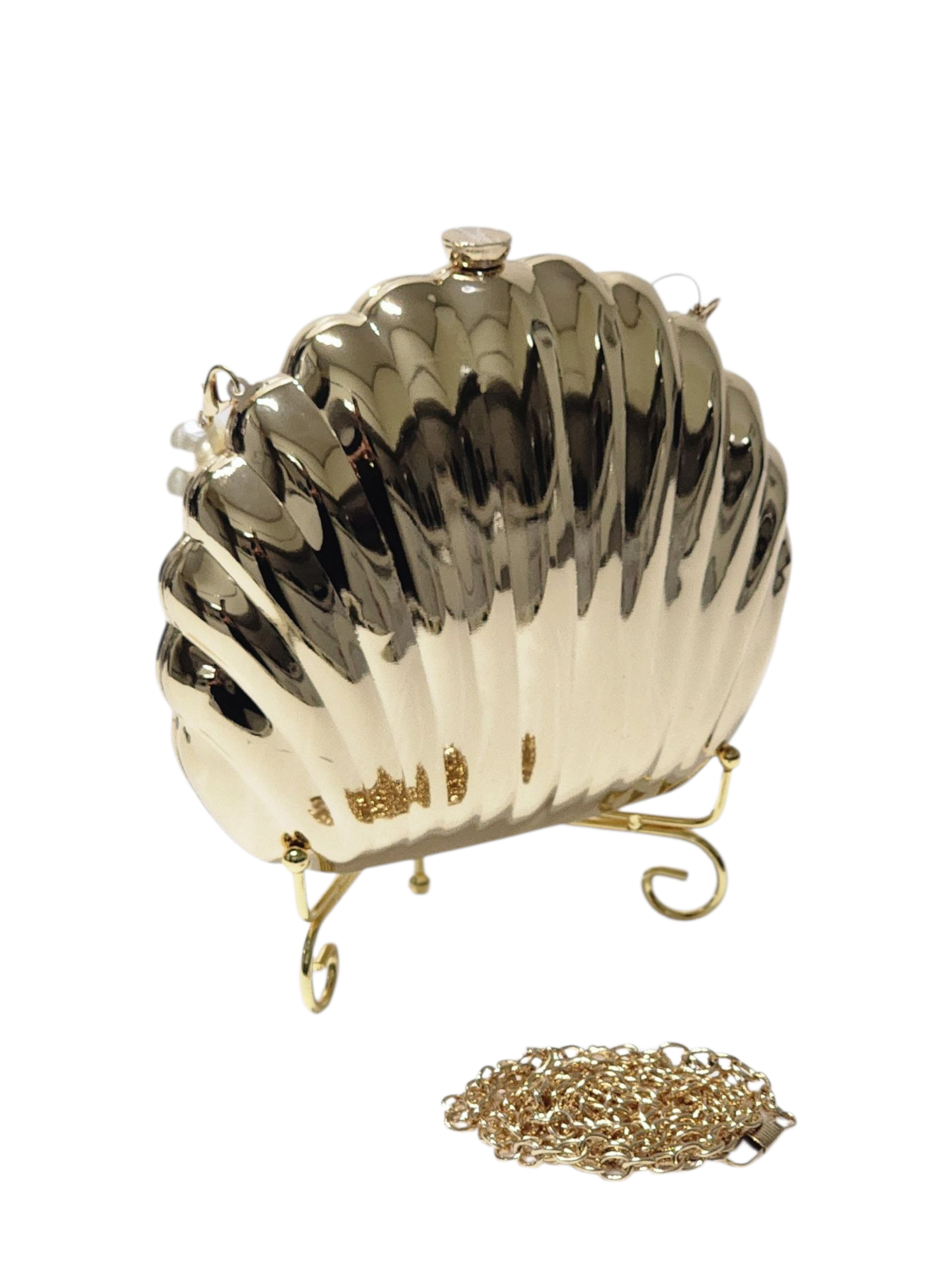 METAL KASA MİDYE KABUĞU FİGÜR MODEL İNCİ KULP DETAYLI KADIN ABİYE ÇANTA