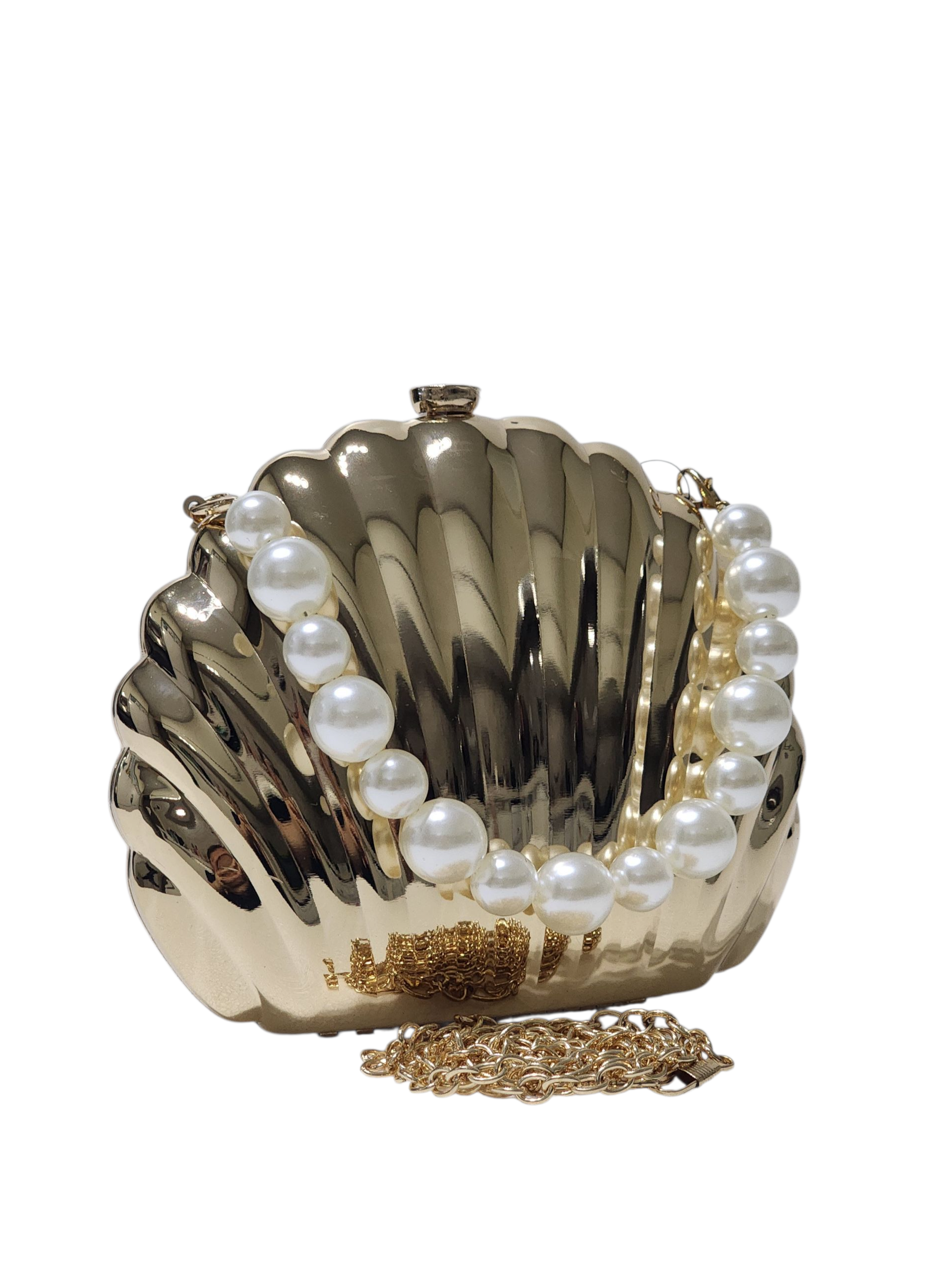 METAL KASA MİDYE KABUĞU FİGÜR MODEL İNCİ KULP DETAYLI KADIN ABİYE ÇANTA