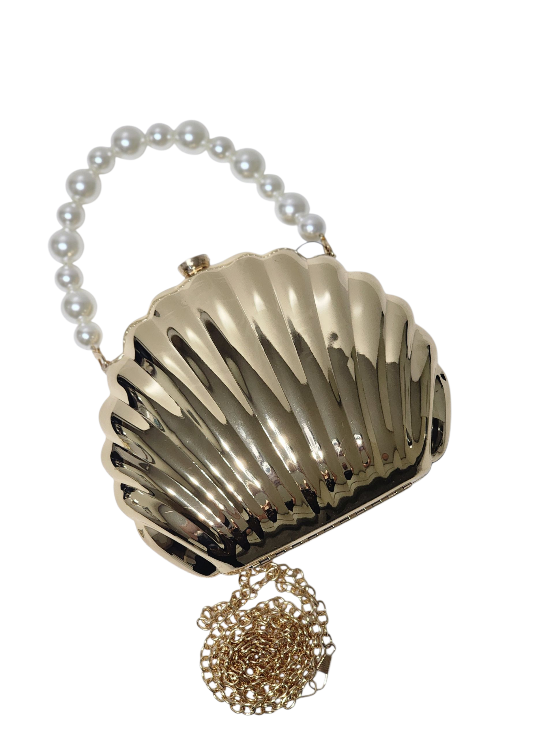 METAL KASA MİDYE KABUĞU FİGÜR MODEL İNCİ KULP DETAYLI KADIN ABİYE ÇANTA