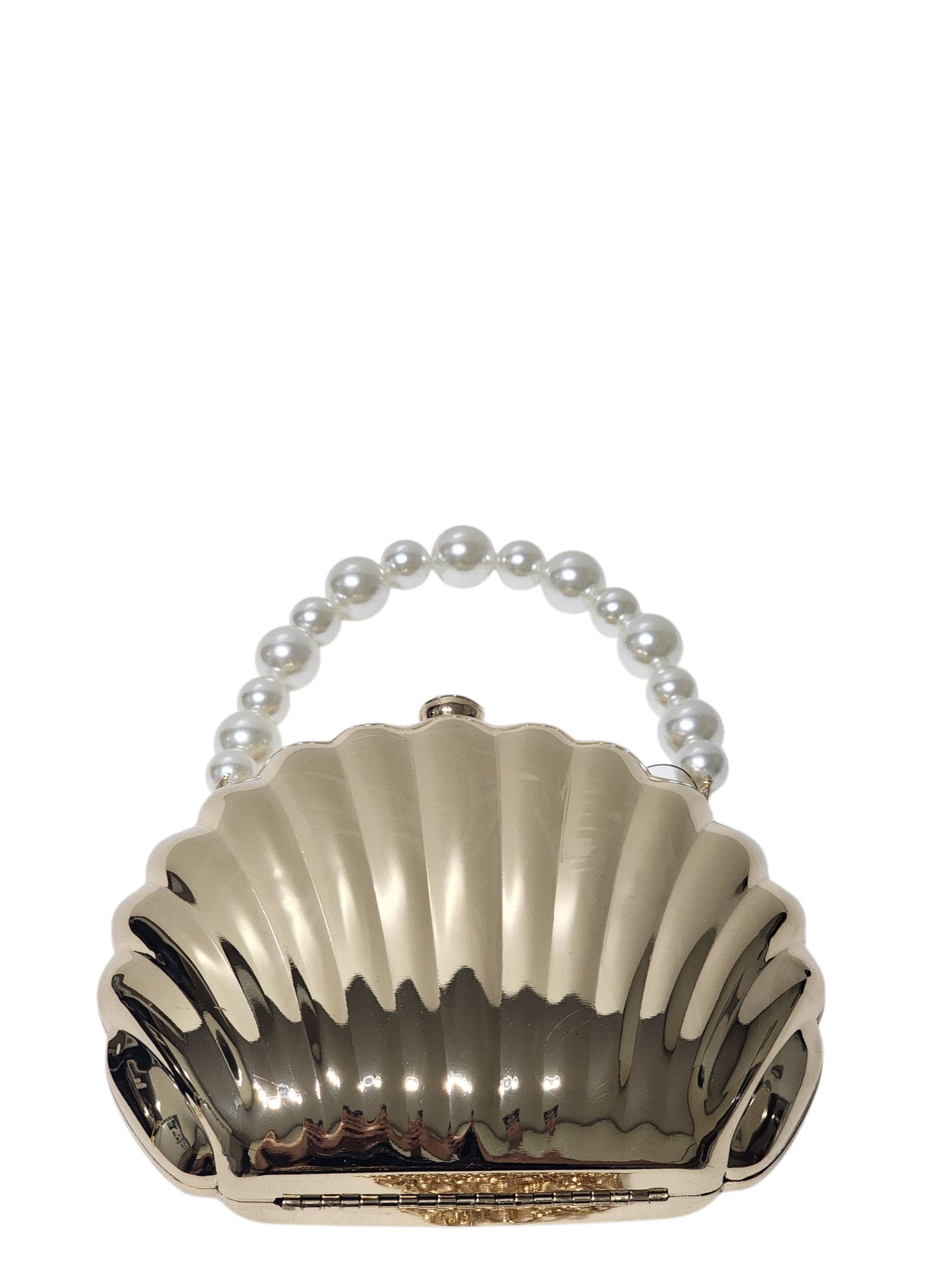 METAL KASA MİDYE KABUĞU FİGÜR MODEL İNCİ KULP DETAYLI KADIN ABİYE ÇANTA