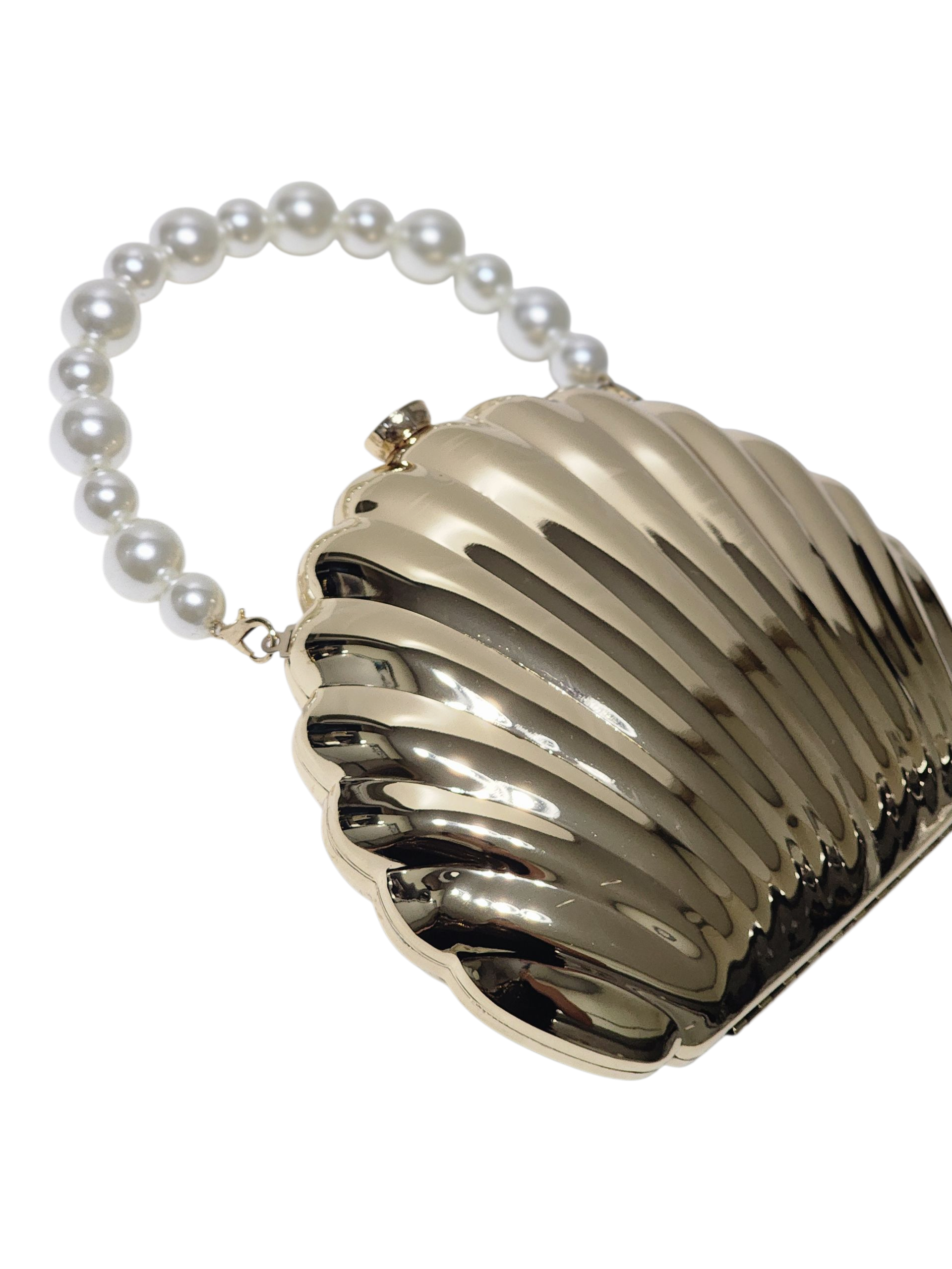 METAL KASA MİDYE KABUĞU FİGÜR MODEL İNCİ KULP DETAYLI KADIN ABİYE ÇANTA