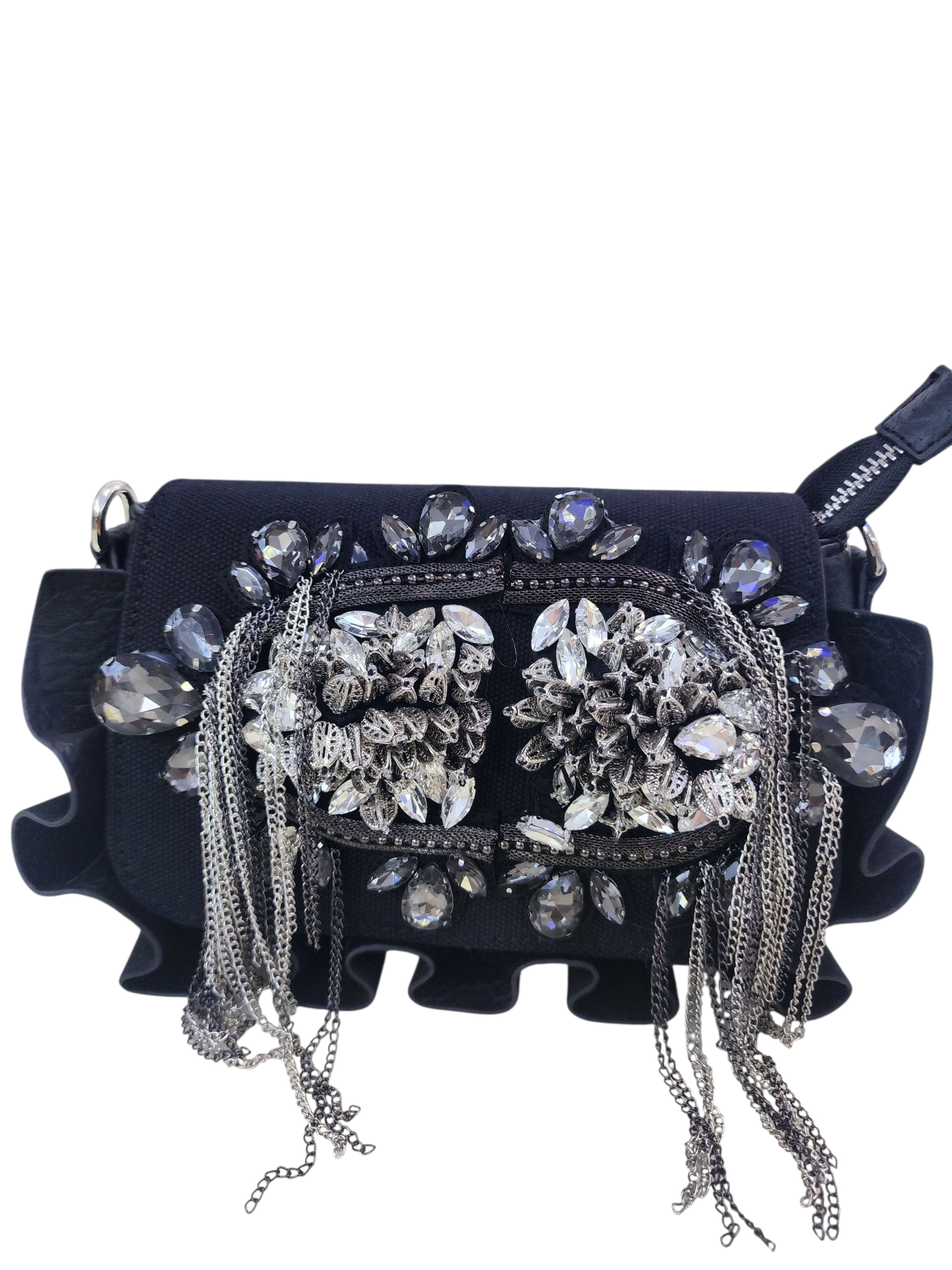 ZİNCİR-TAŞ & BONCUK DETAYLI KANVAS-SUNİ DERİ ’’MİNİ BOY’’ KADIN OMUZ ÇANTASI