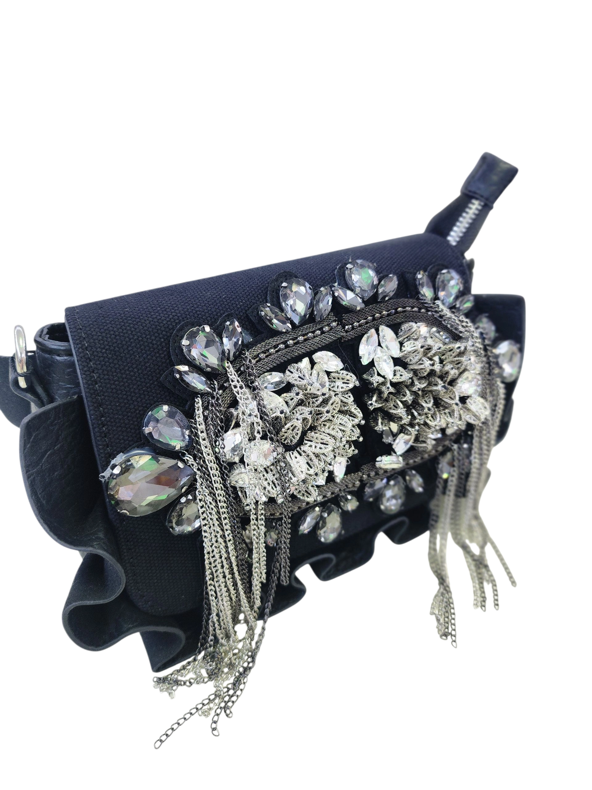 ZİNCİR-TAŞ & BONCUK DETAYLI KANVAS-SUNİ DERİ ’’MİNİ BOY’’ KADIN OMUZ ÇANTASI