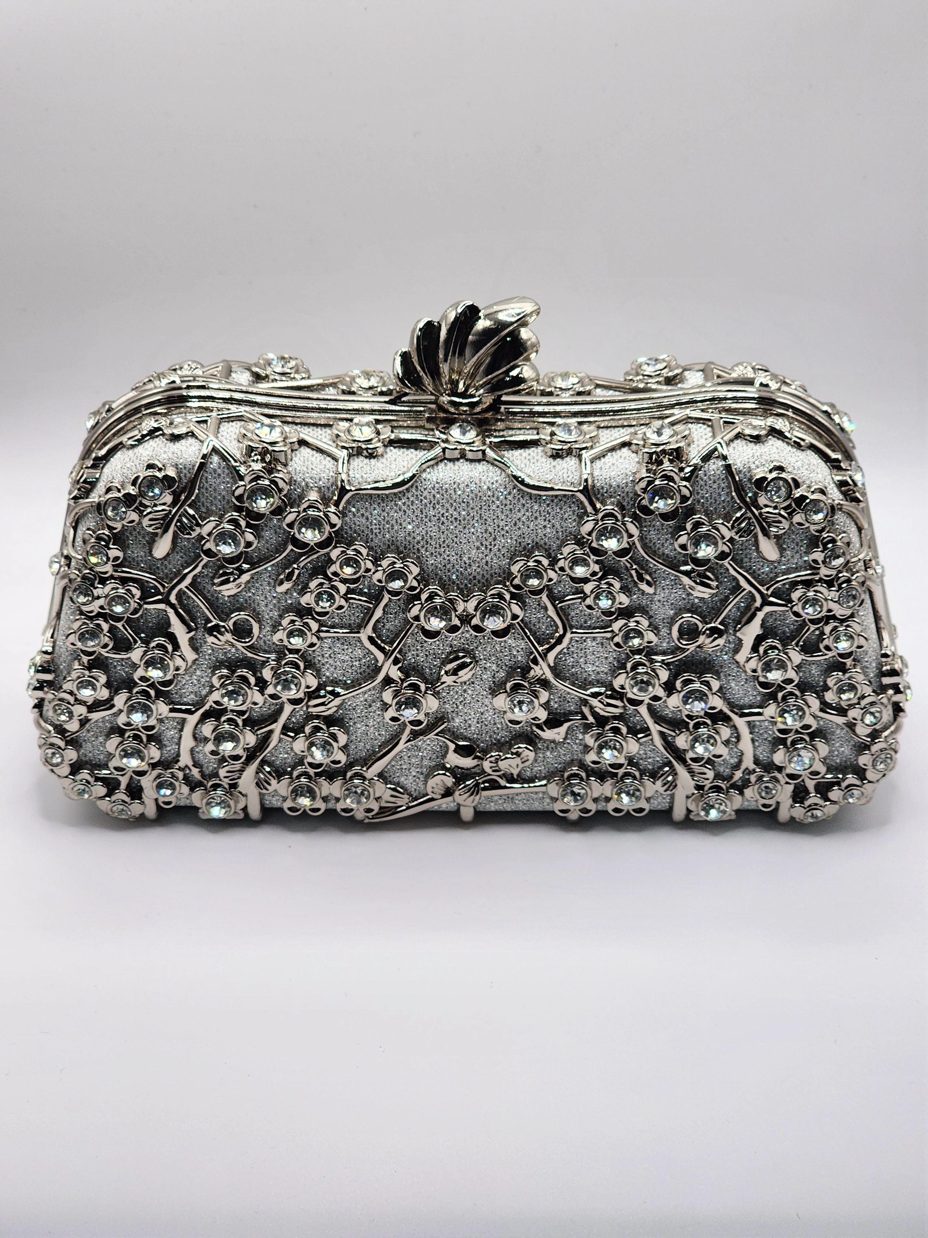 KRİSTAL TAŞ & ÇİÇEK FİGÜR METAL KASA KADIN ABİYE ÇANTA