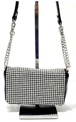 SİYAH-SİLVER KRİSTAL TAŞLI YUMUŞAK SUNİ DERİ KADIN OMUZ ÇANTASI