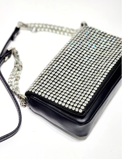 SİYAH-SİLVER KRİSTAL TAŞLI YUMUŞAK SUNİ DERİ KADIN OMUZ ÇANTASI