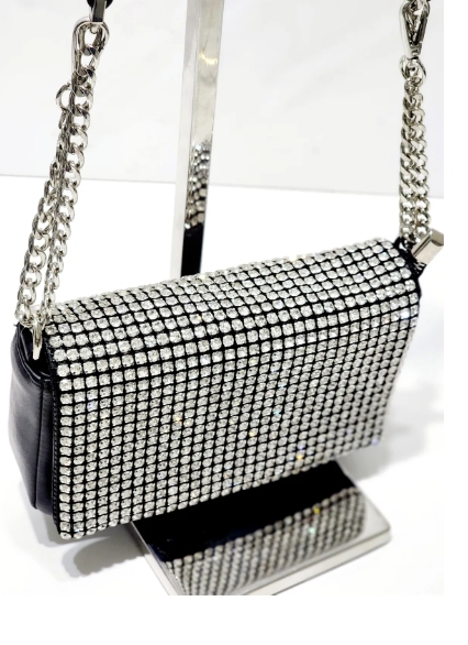 SİYAH-SİLVER KRİSTAL TAŞLI YUMUŞAK SUNİ DERİ KADIN OMUZ ÇANTASI