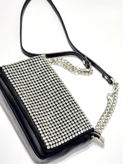 SİYAH-SİLVER KRİSTAL TAŞLI YUMUŞAK SUNİ DERİ KADIN OMUZ ÇANTASI