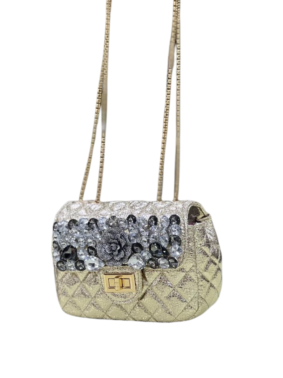 KRİSTAL TAŞ & ÇİÇEK DETAYLI PARLAK ’’ MİNİ BOY ’’ KADIN OMUZ ÇANTASI