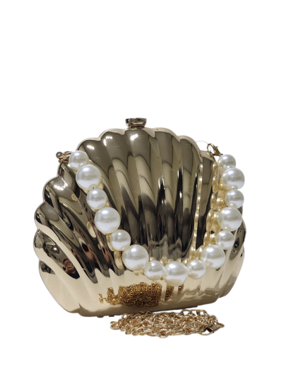 METAL KASA MİDYE KABUĞU FİGÜR MODEL İNCİ KULP DETAYLI KADIN ABİYE ÇANTA