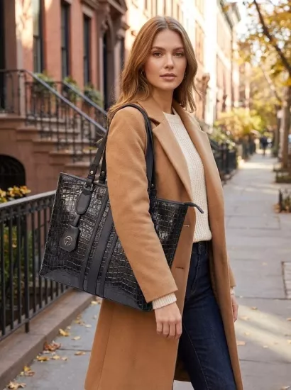 A SINIF BİRİNCİ KALİTE İŞÇİLİK SİYAH-GRİ DOKULU KROKO KADIN EL OMUZ ÇANTASI